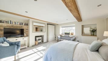 A bedroom with a large bed, a TV, a fireplace, and a bookshelf.