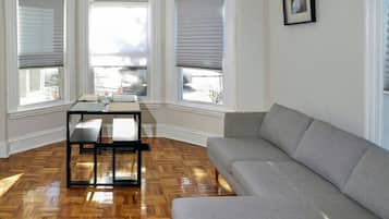 Smart TV, fireplace, books, offices
