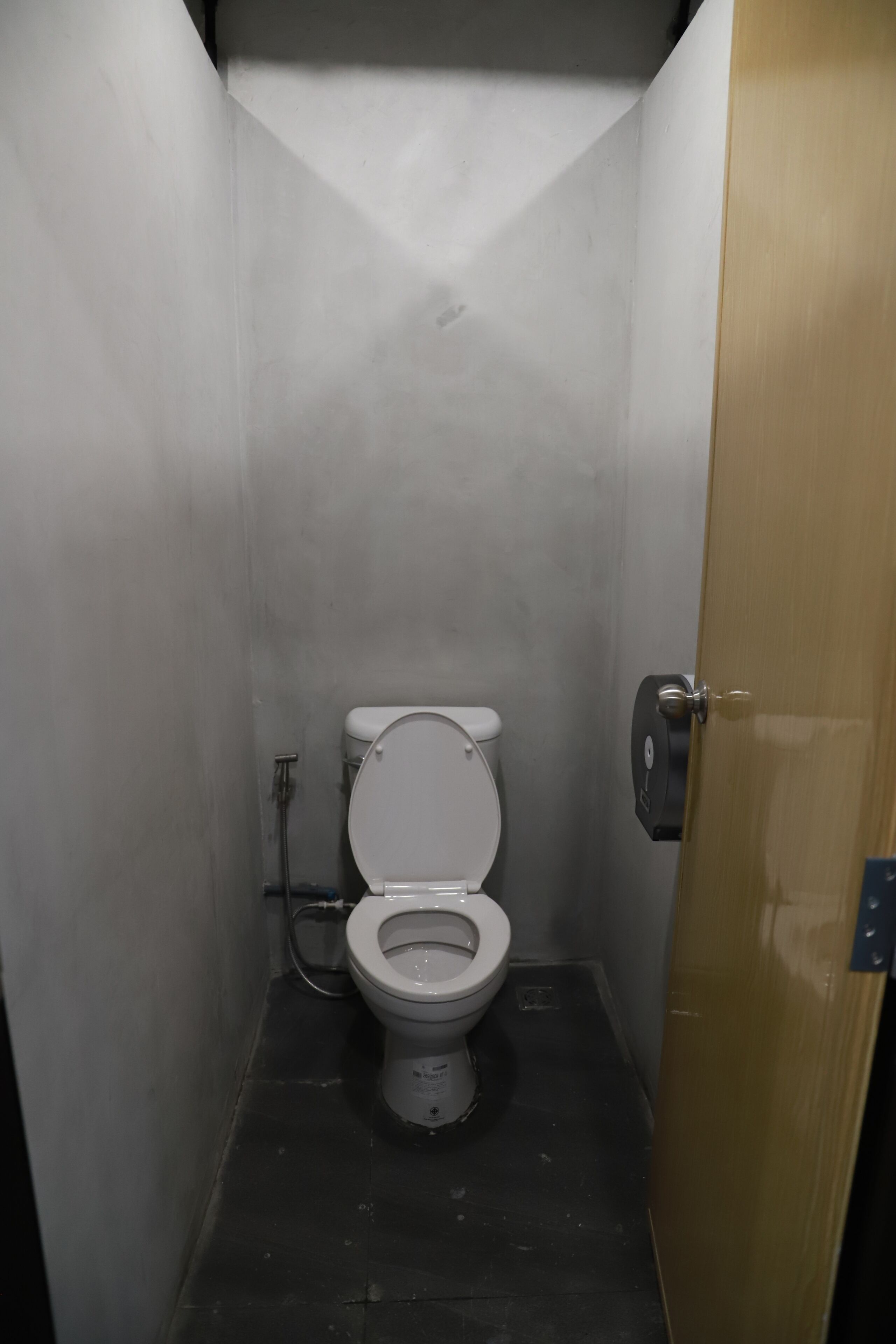 A small, narrow bathroom with a toilet, a shower, and a door.
