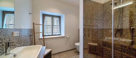 Shower, hair dryer, towels