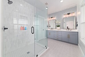 Hair dryer, towels, soap, shampoo