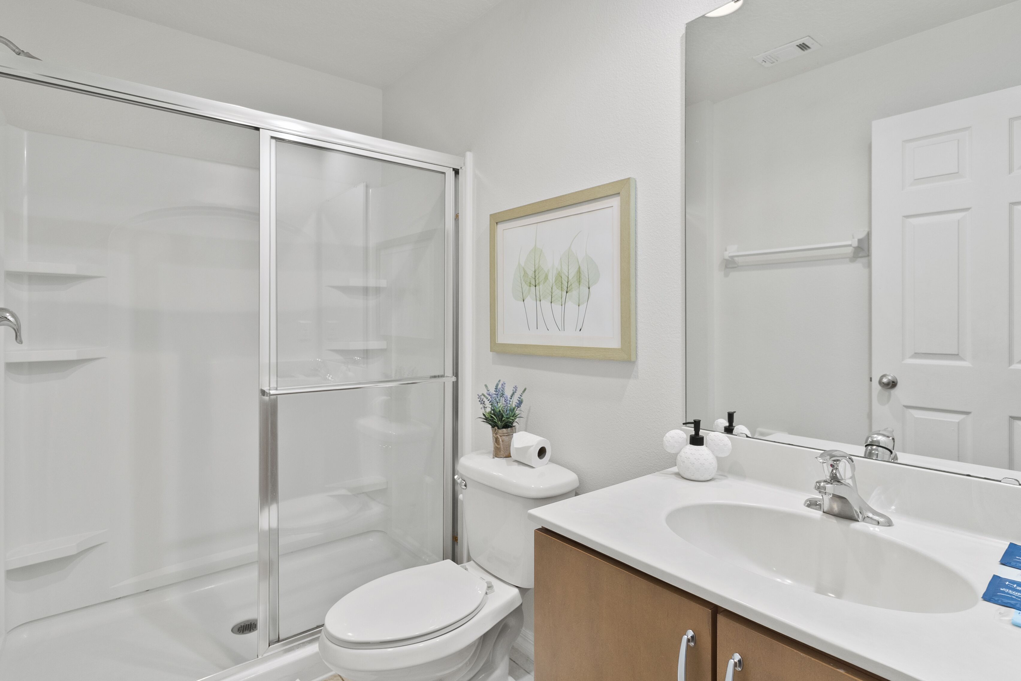 Een moderne badkamer met een glazen douchecabine, een wit toilet, een wastafel met spiegel en een lijst met een foto aan de muur.