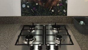 Una cucina con un fornello a gas e un quadro appeso al muro raffigurante una mucca tra fiori.