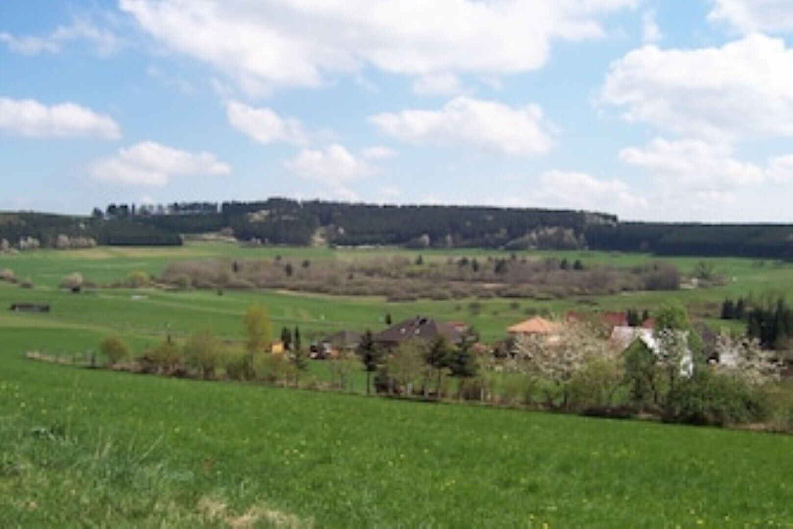Paesaggio rurale con campi, alberi sparsi e alcuni edifici.