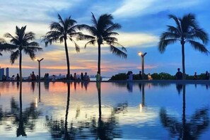 Een rustig waterlandschap met palmbomen en een stadsachtergrond in de schemering.