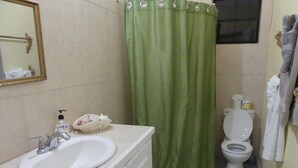 Ein Badezimmer mit Waschbecken, Toilette und einer grünen Duschvorhang.