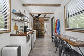 Microwave, coffee/tea maker, toaster, cookware/dishes/utensils