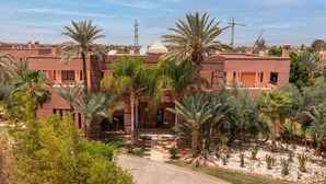 Un edificio tradizionale con un cortile, palme e cielo sereno.