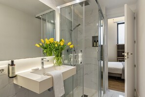 Shower, hair dryer, towels