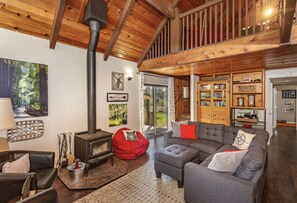 Smart TV, chimenea, reproductor de DVD y libros 