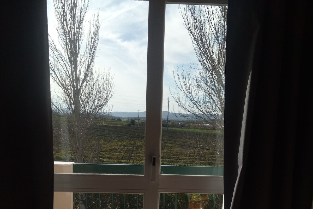 Una habitación con un amplio ventanal, vista a un paisaje rural y un balcón con barandilla.