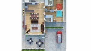 Una casa a due piani con piscina, garage e zona salotto esterna coperta.