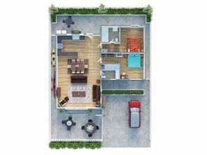 A 2-story house with a swimming pool, a garage, and a covered outdoor seating area.