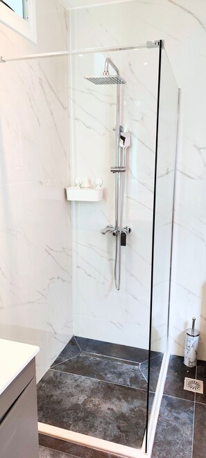 Shower, hair dryer, towels