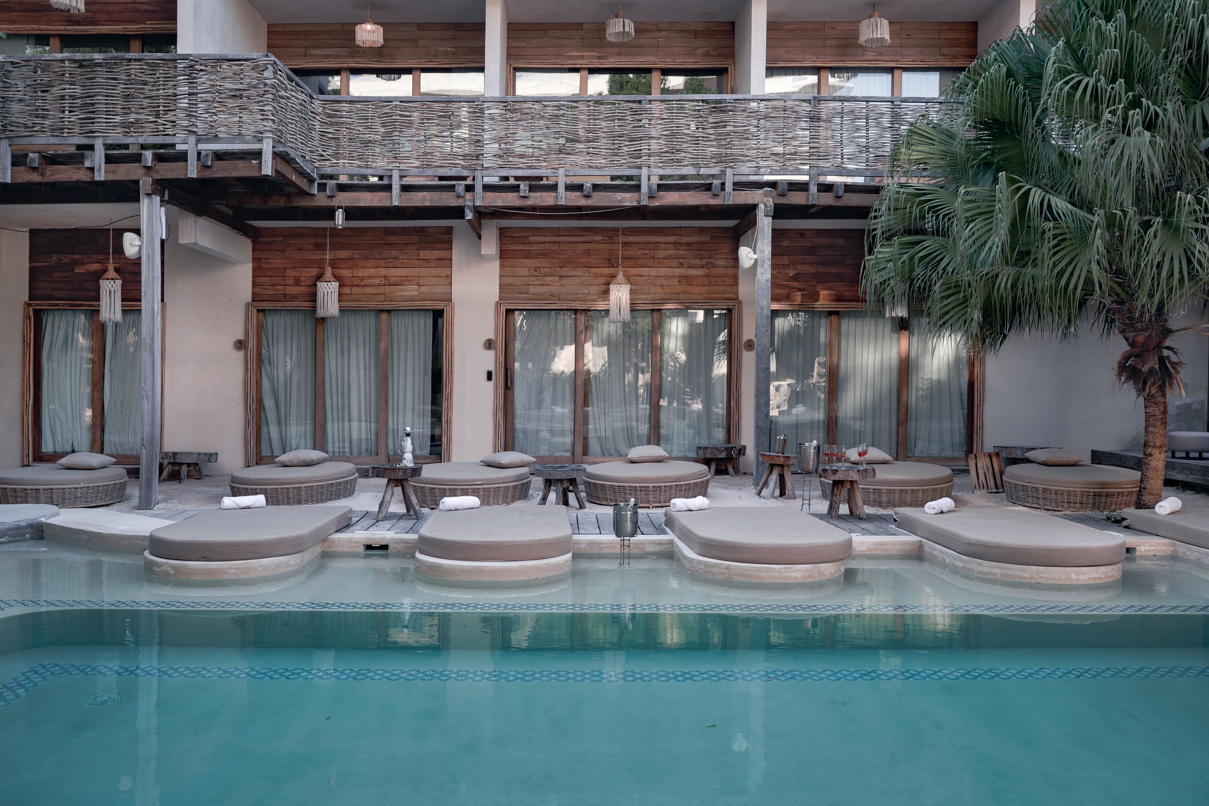 A pool area with lounge chairs and a palm tree.