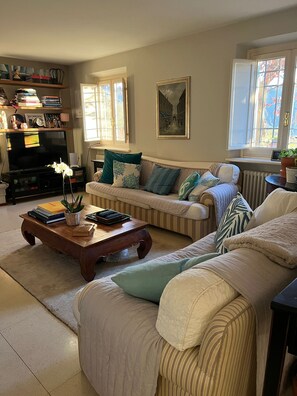 Una Smart TV, una chimenea, un reproductor estéreo