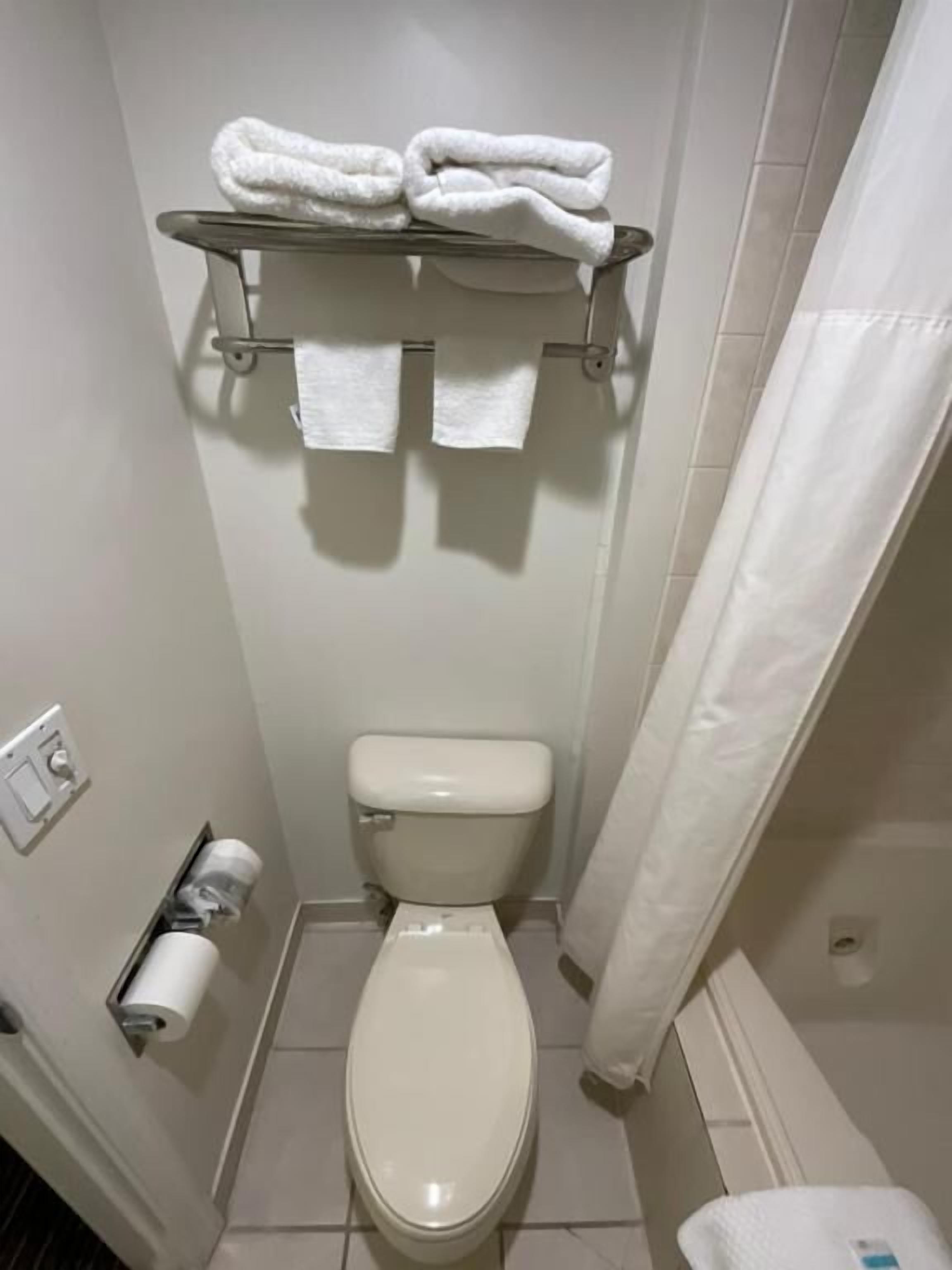 Une petite salle de bain propre, avec des toilettes, une étagère avec des serviettes et un rideau de douche.