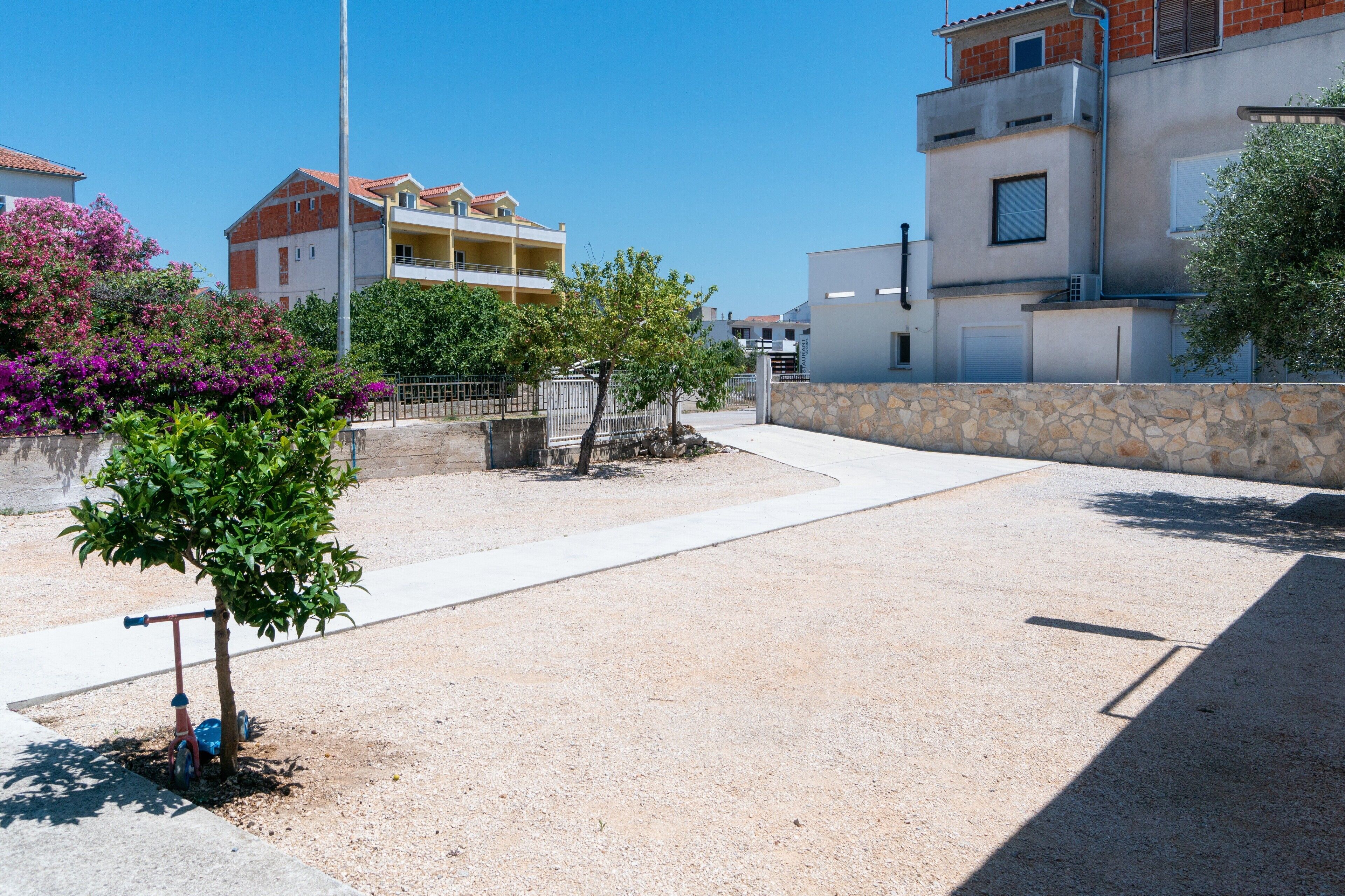 Zona residencial con un sendero pavimentado, un árbol pequeño y una bicicleta roja.