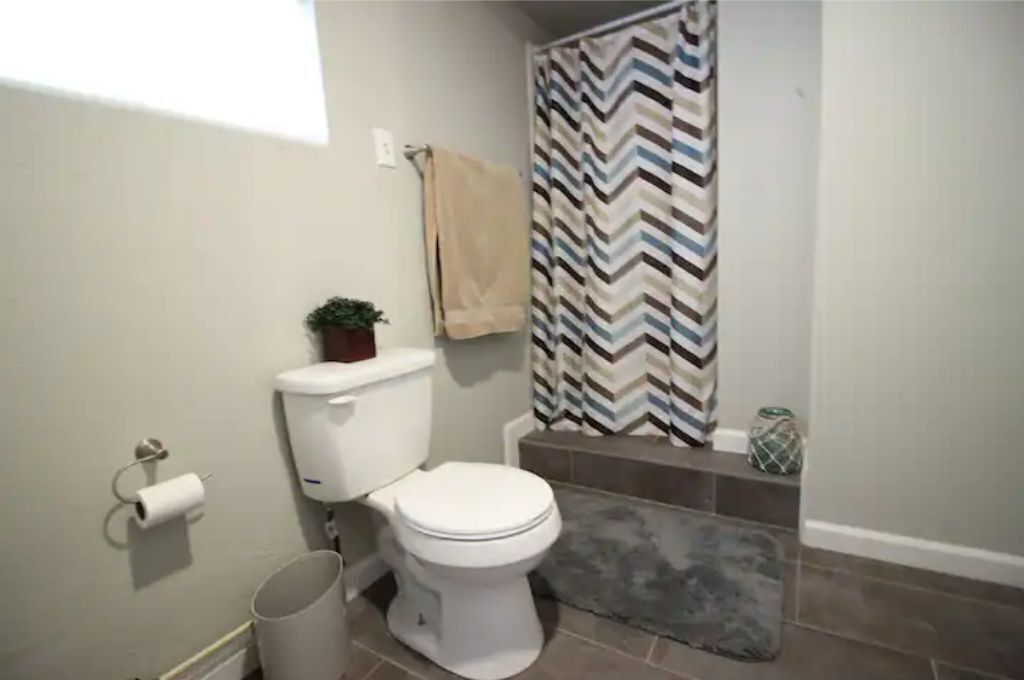 Shower, hair dryer, towels, toilet paper