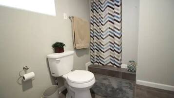 Shower, hair dryer, towels, toilet paper