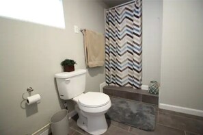 Chuveiro, secador de cabelo, toalhas de banho, papel higiênico