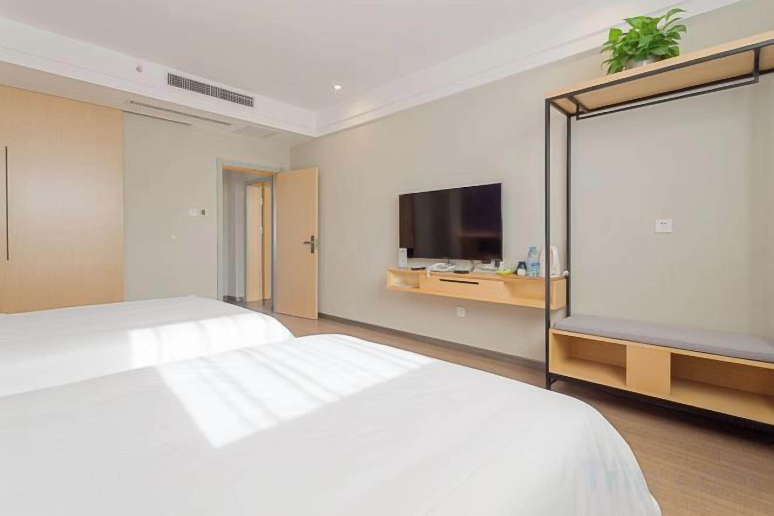 A hotel room with two beds, a TV, a plant, and a wardrobe.
