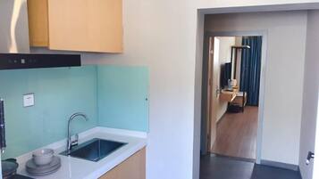 A modern kitchen with a sink, cabinets, and a countertop. There is a door leading to a room with a mirror and a bed.