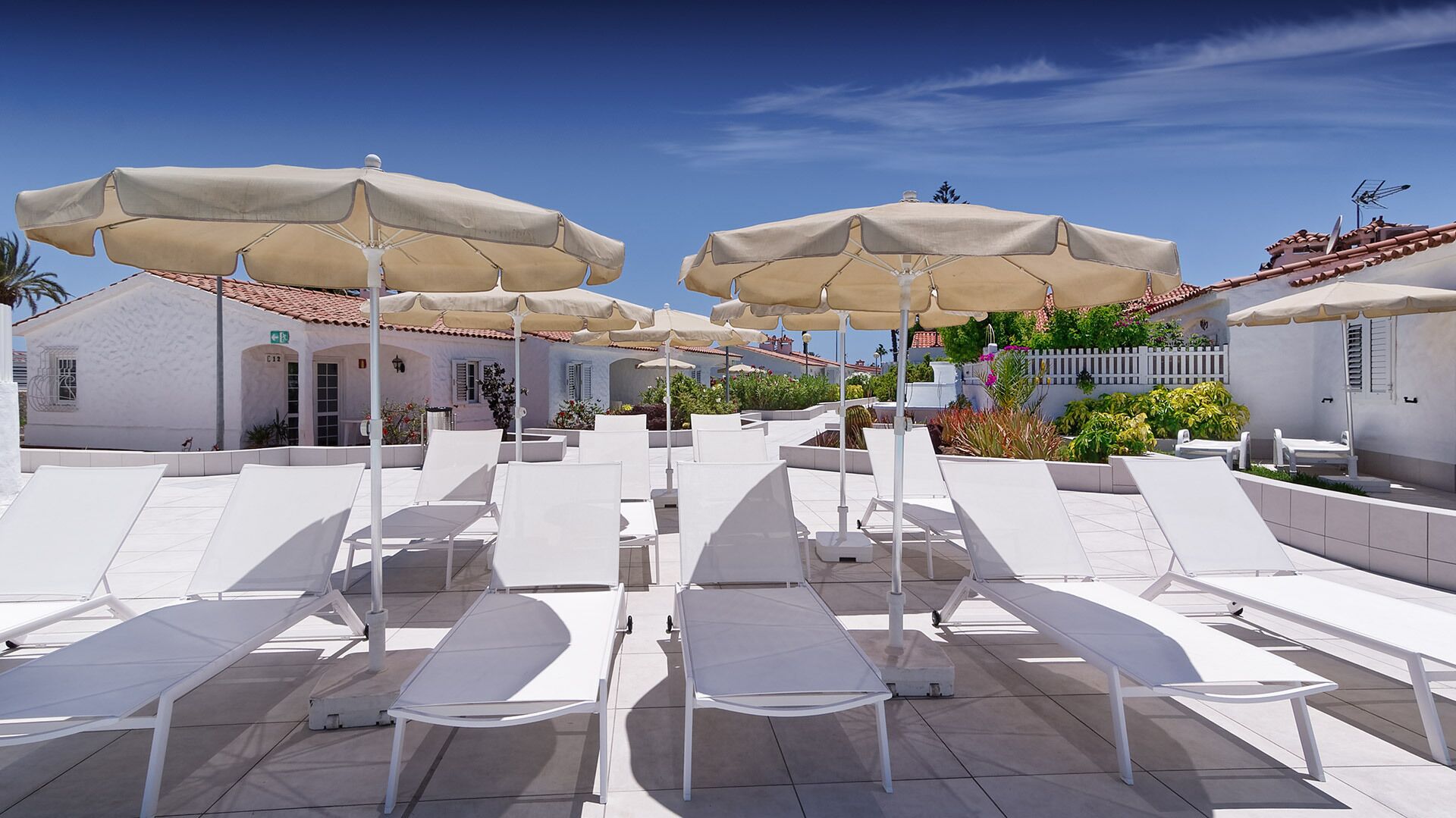 Terraza en la azotea con sillones blancos y sombrillas color beige, rodeada de edificios blancos y vegetación.