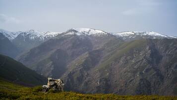 Un paisaje montañoso con un afloramiento rocoso en primer plano y picos nevados al fondo.