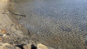 On the beach, sun-loungers, beach towels
