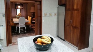 Una cucina con un piano di lavoro in granito, una ciotola di frutta, mobili in legno e un frigorifero.