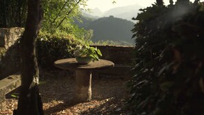 A stone table with a potted plant in a garden setting with mountains in the background. - Villa Raffaelli, original Tuscany villa from 1582 (Fosciandora)