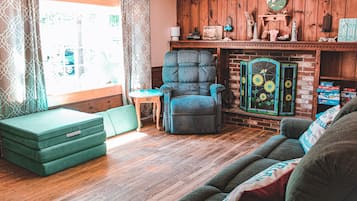 Smart TV, fireplace, books