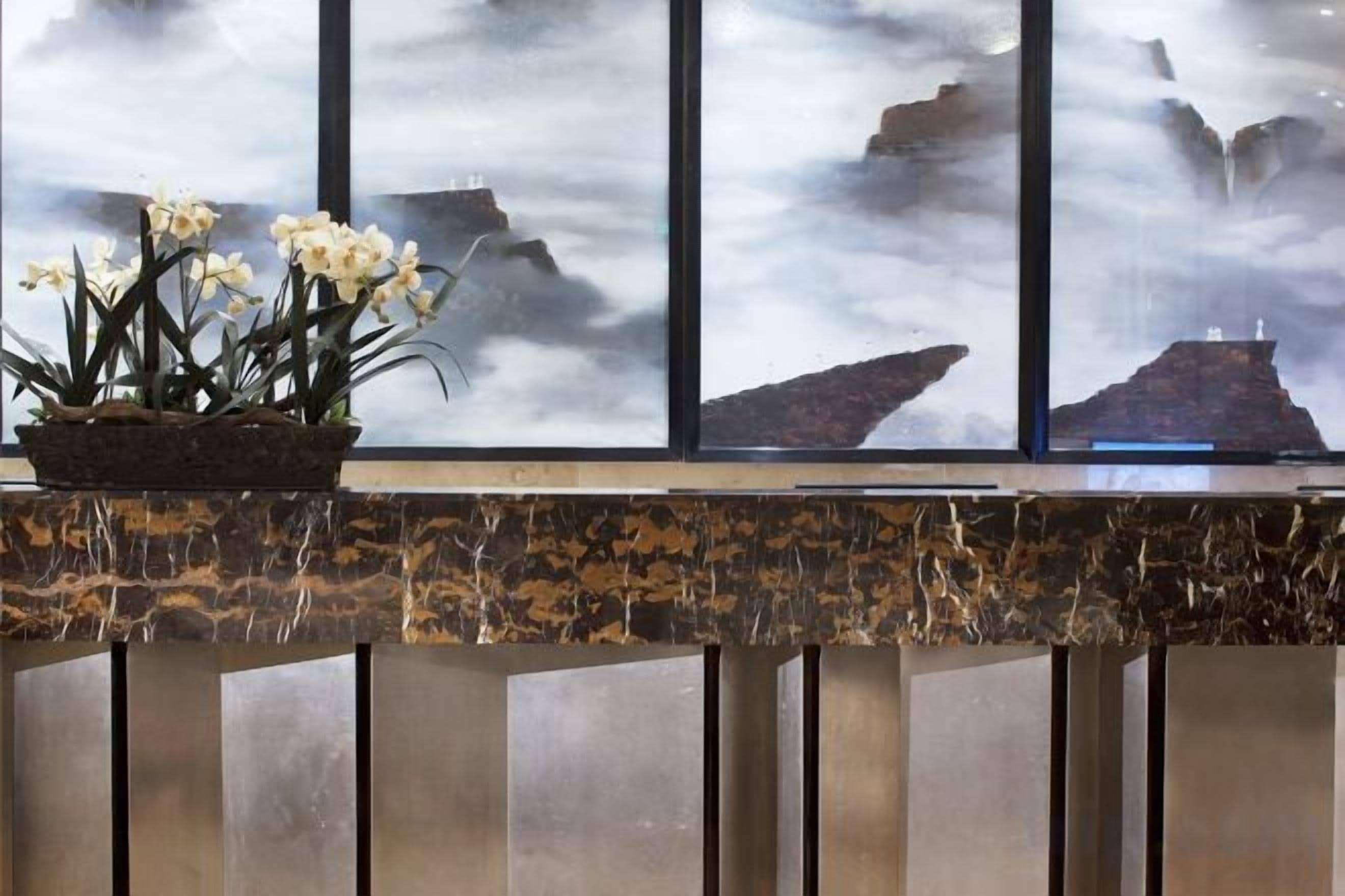 A reception area with a marble counter, a potted plant with white flowers, and a view of rocky formations through large windows.