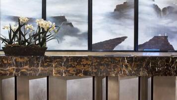 A reception area with a marble counter, a potted plant with white flowers, and a view of rocky formations through large windows.