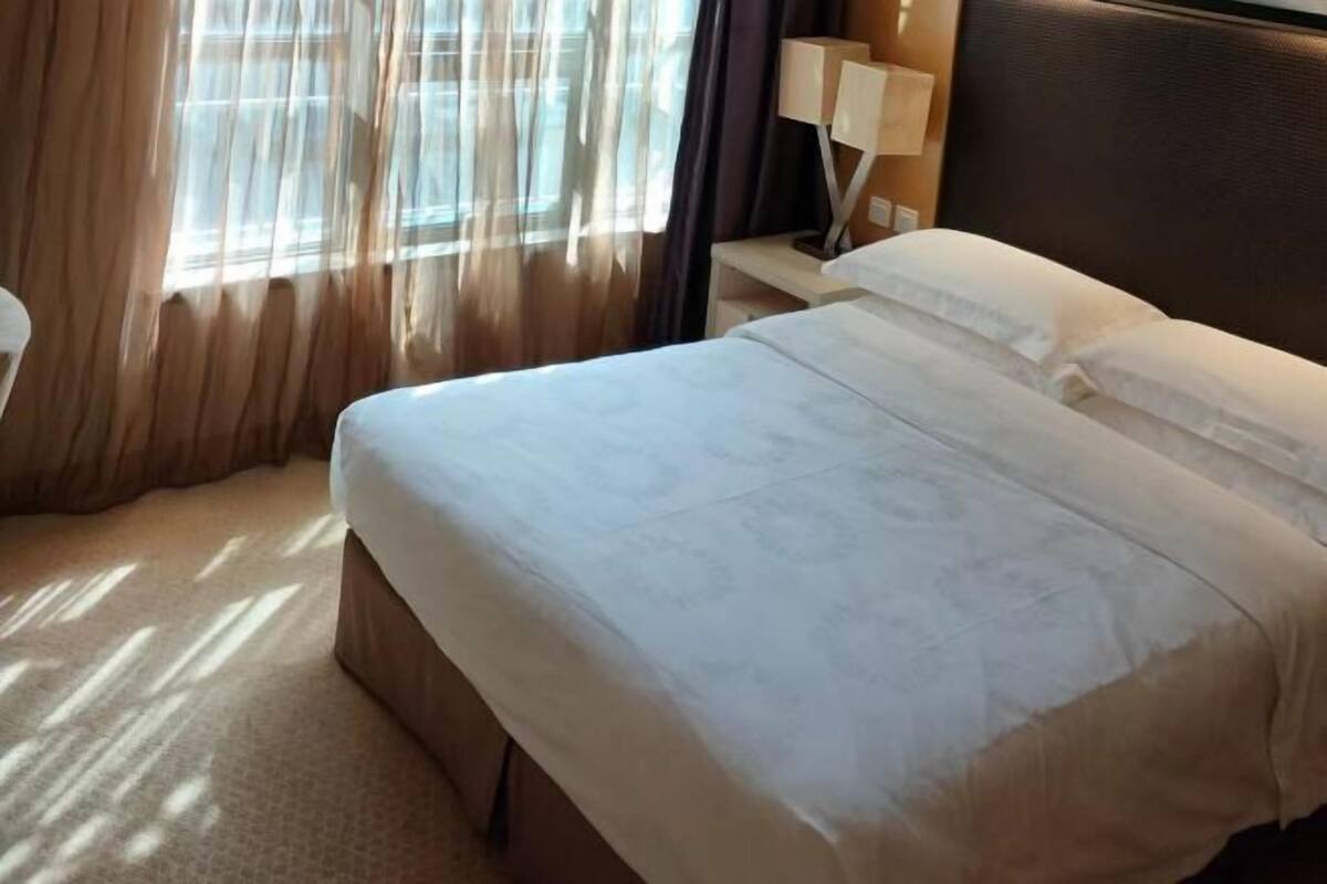 A hotel room with a bed, a nightstand, a lamp, and sheer curtains.