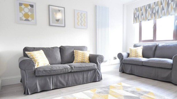 Un salon moderne avec deux canapés gris, des coussins à motifs et un tapis à motifs géométriques.
