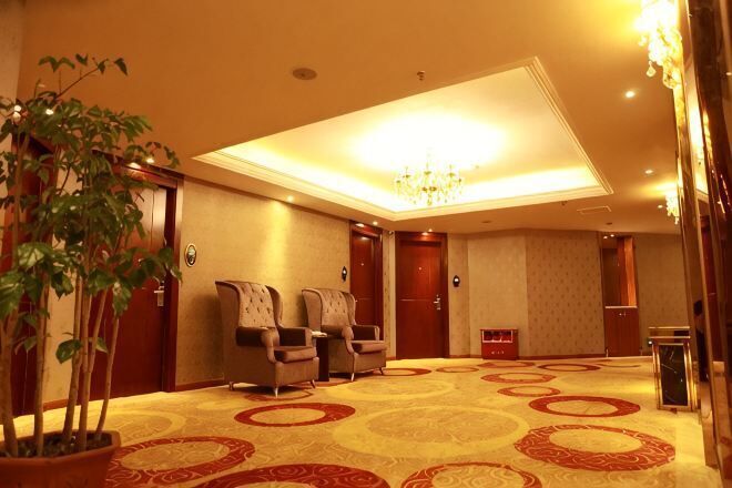 A hotel lobby with a large chandelier, two armchairs, a potted plant, and a carpet with circular patterns.