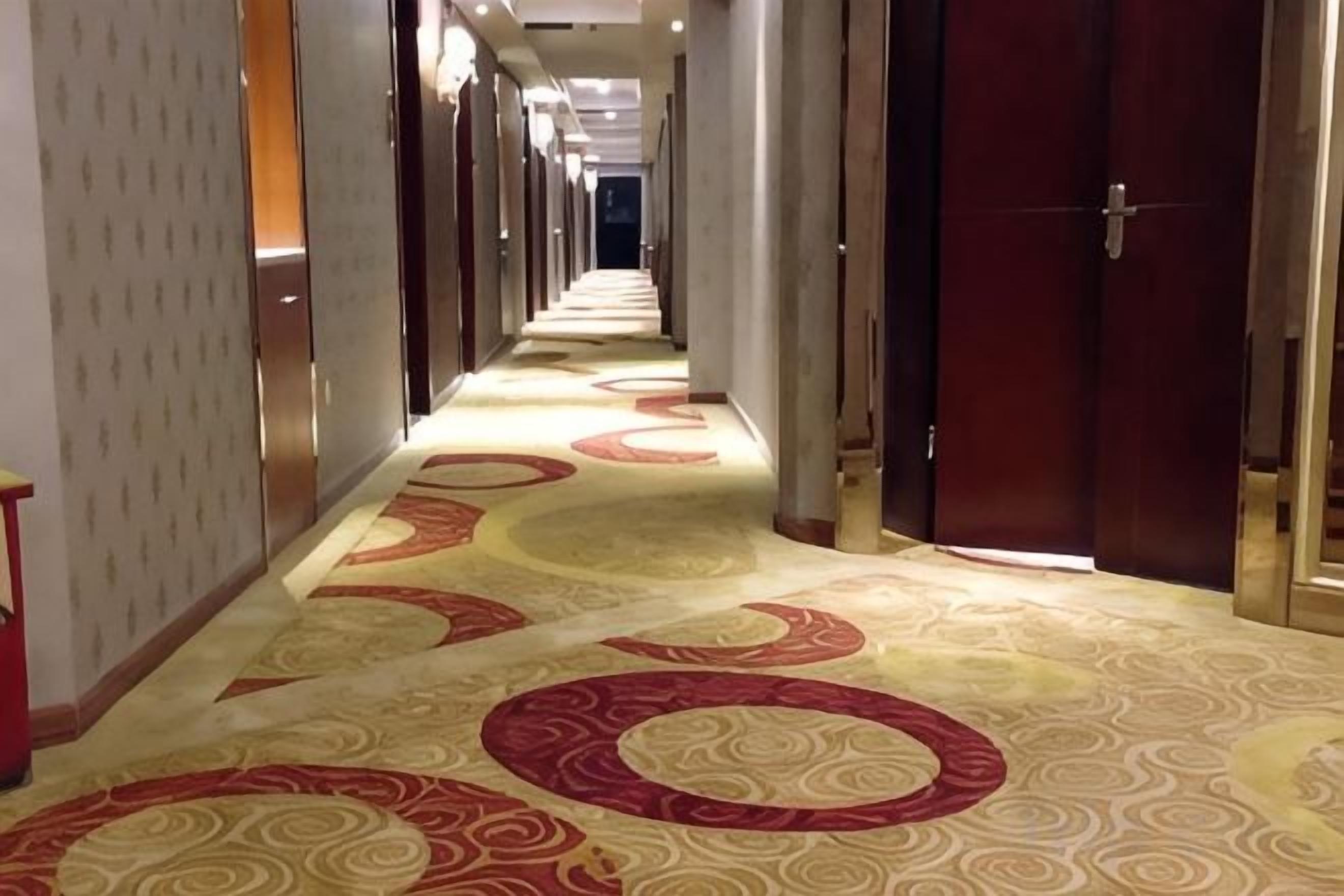 Un pasillo de hotel con alfombra estampada, puertas y un largo recorrido.
