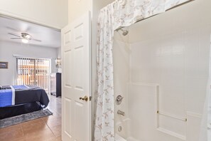 Hair dryer, towels, soap, toilet paper