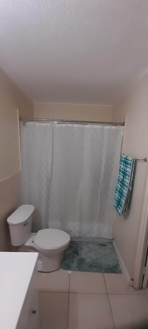 Shower, towels, soap, toilet paper