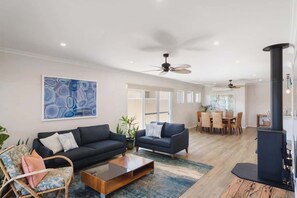 Télévision, cheminée, table de tennis de table, livres