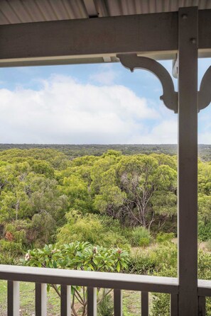 A covered outdoor area with a view of dense green vegetation.