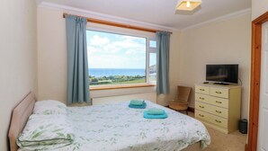 Un dormitorio con cama, televisor, silla, cómoda y ventana con vistas.
