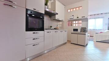 Basic Apartment | Private kitchen | Full-size fridge, microwave, oven, stovetop