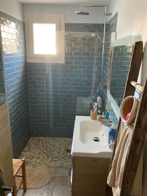 Bathroom features a shower area with a glass door and handheld showerhead, a white sink with a countertop, and blue-tiled walls.