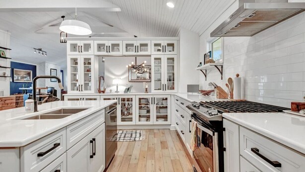 A modern kitchen with white cabinetry, a central island, and a built-in stove. - Stylish Cozy Cottage in East~10 min. to Broadway (Nashville)