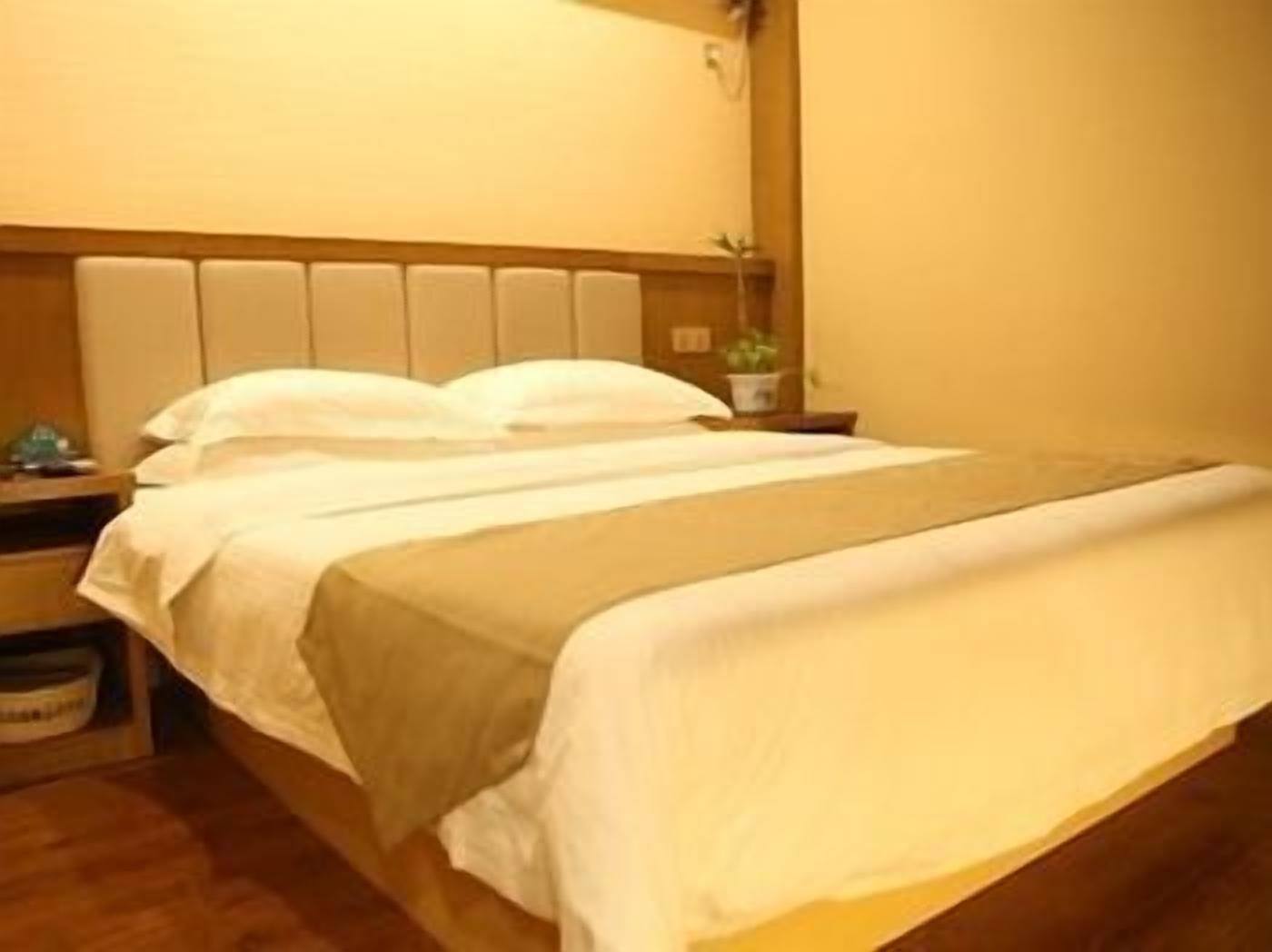 A bed with a headboard, a bedside table with a lamp, and a small potted plant.