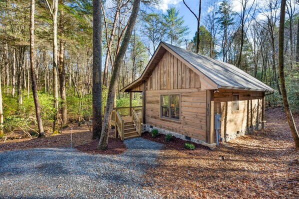 Situated in a forested area, this cabin features a simple exterior with a sloped roof and a small porch.