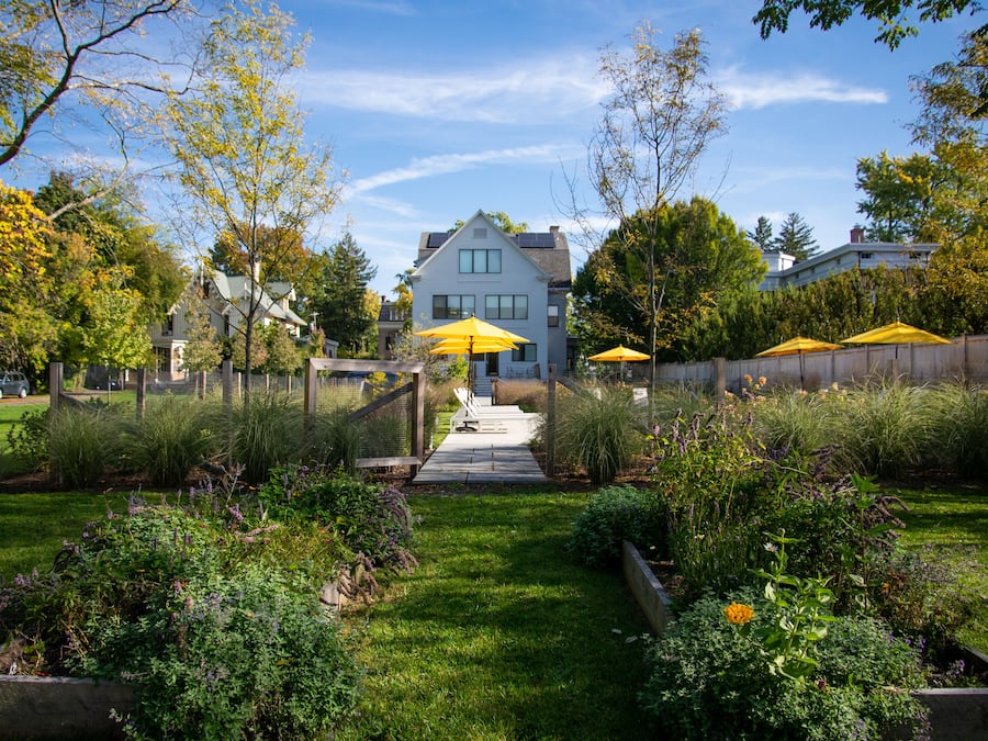 Seasonal outdoor pool, pool umbrellas, pool loungers